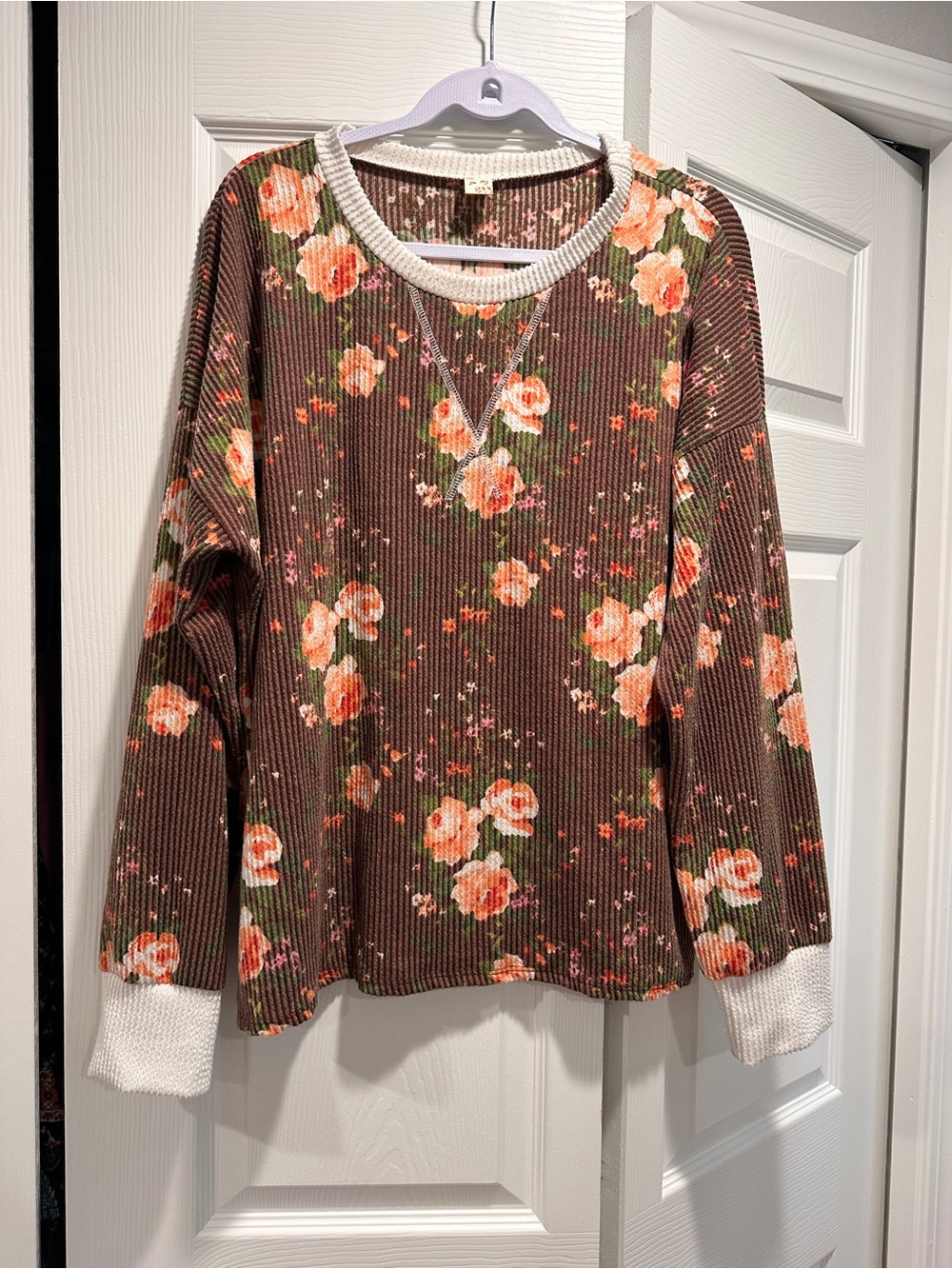 7th Ray Brown Floral Ribbed Waffle Knit Pullover Sweater Top Boho